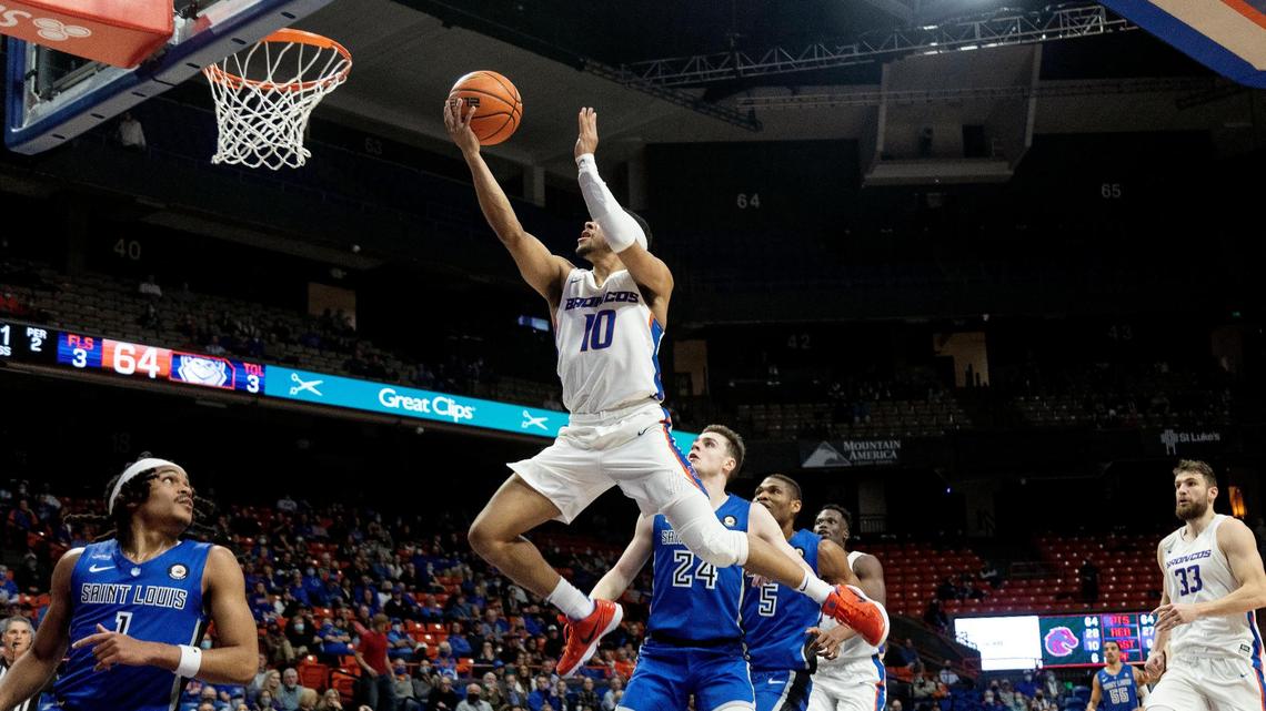 Boise State’s Marcus Shaver Jr. gets to the basket in the second half against Saint Louis on Tuesday night at ExtraMile Arena. The Broncos fell in overtime, losing their second straight home game.