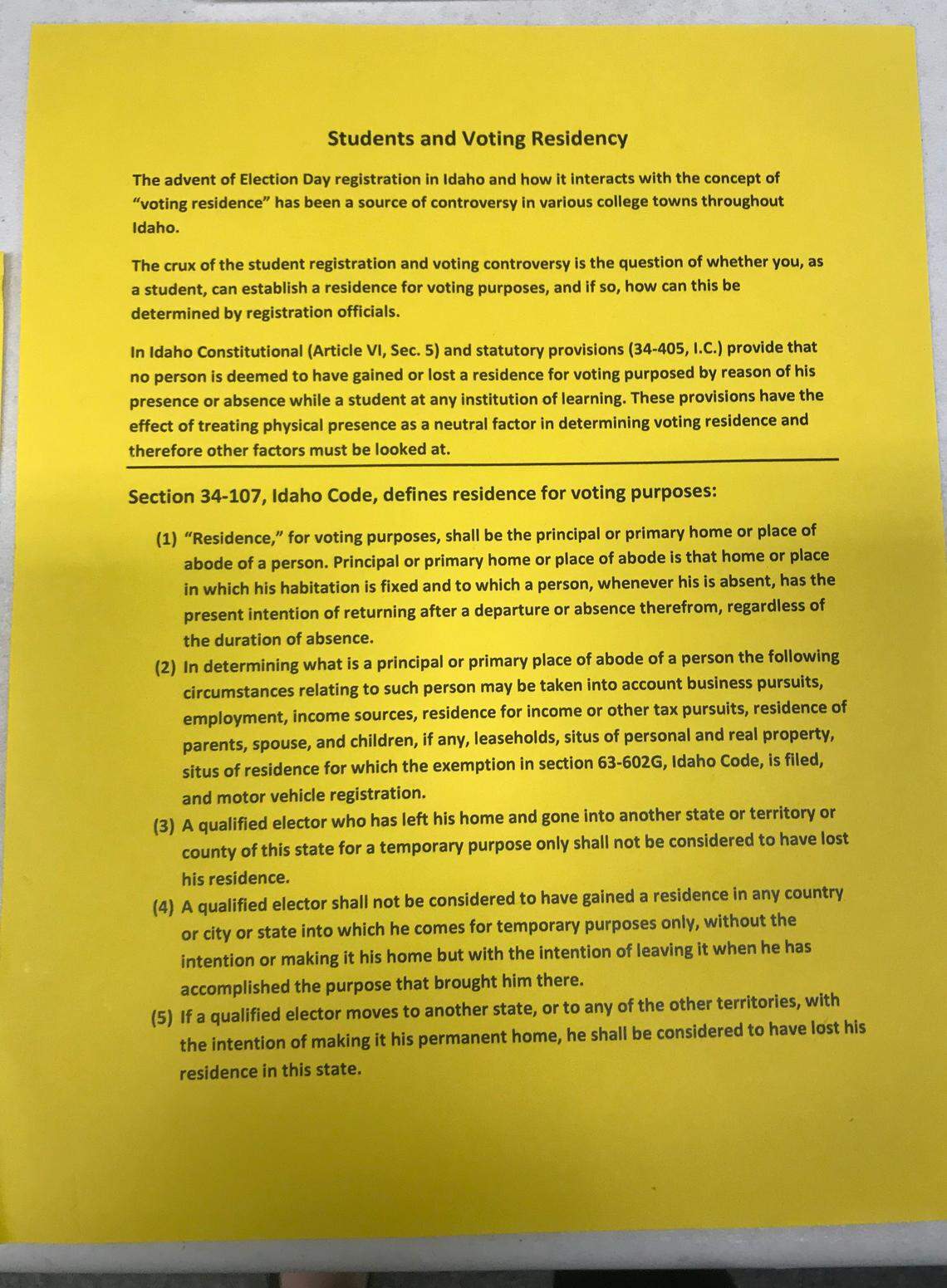 The yellow flier laid out rules regulating how the state defines a voter’s legal residency.