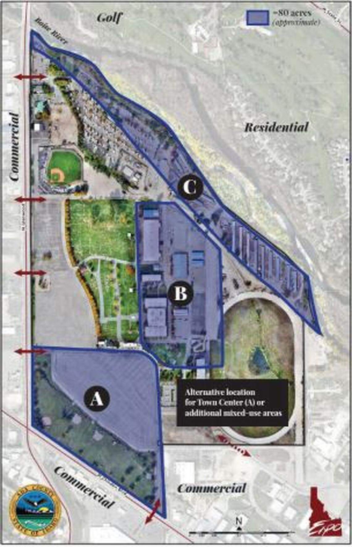 A map included in the Expo Idaho Citizens Advisory Committee’s recommendations to Ada County Commissioners shows possible mixed-used improvements. The section marked “A” could be used for a potential town center, with a plaza, housing and office space. “B” could bring improvements to Expo Idaho, while “C” could add nature trails along the Boise River.