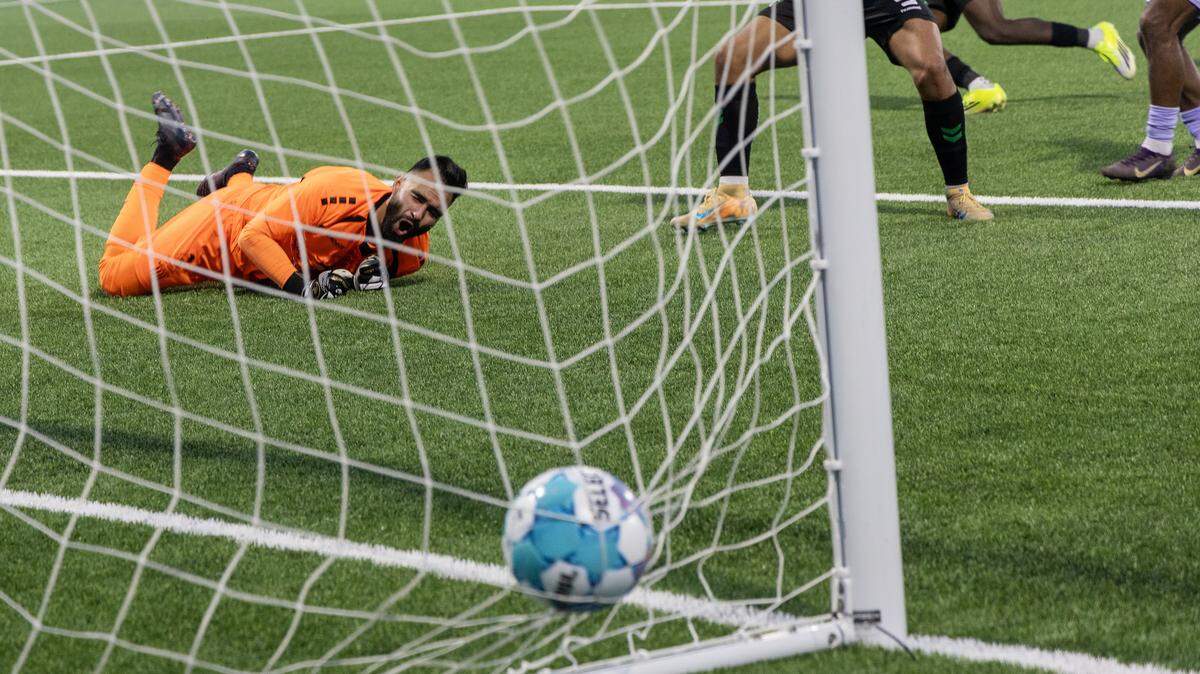 Spokane Velocity goalkeeper Carlos Meranico reacts as AC Boise player Luan Figueiroa Brito scores a goal in their match at Boise, Saturday, April 4, 2026.