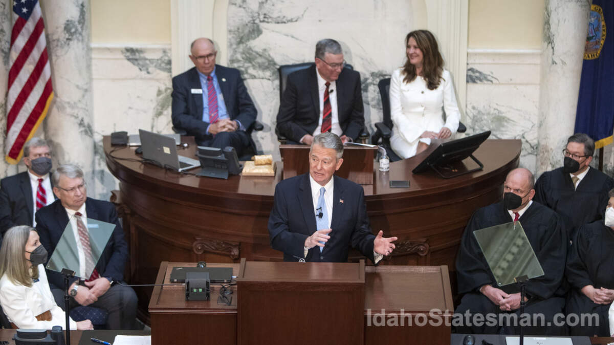 Idaho Gov. Brad Little delivers his State of the State address to the Idaho Legislature in January. Little in March signed into law a bill that put $50 million in federal money into a fund for workforce housing.