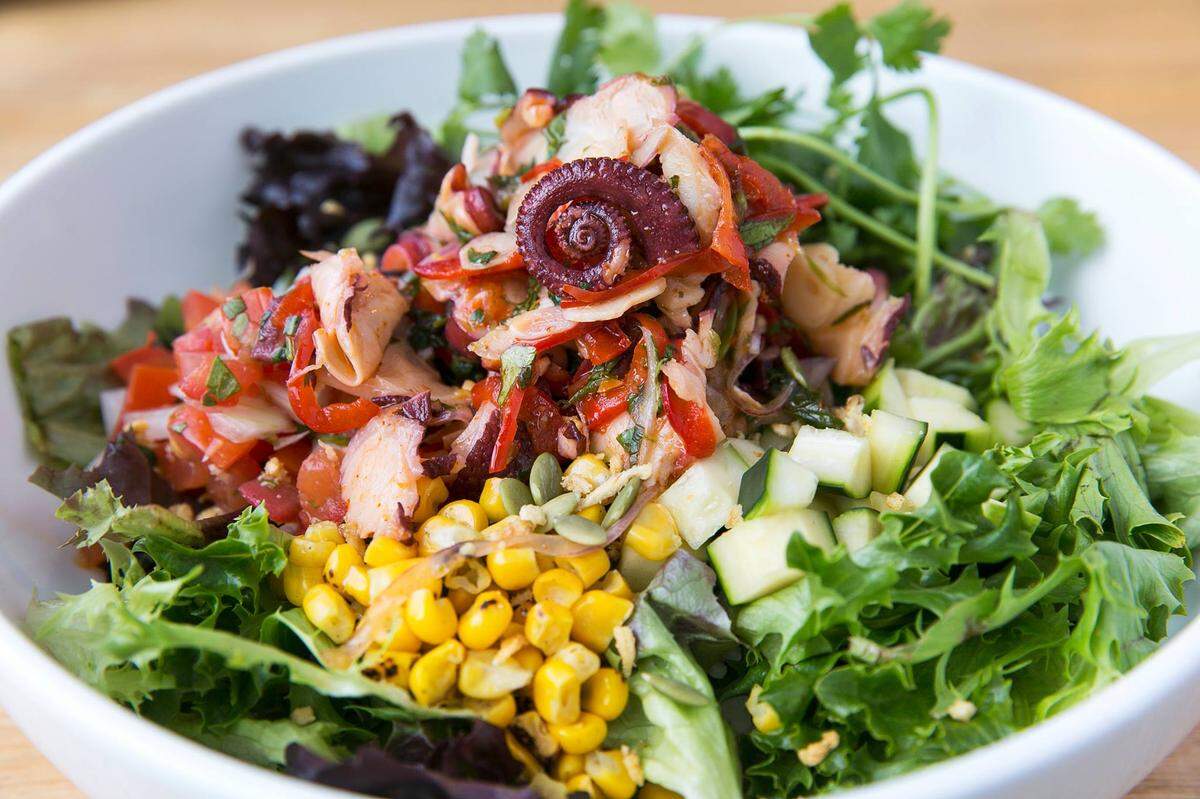 The Seafood Ceviche Bowl ($9.99), available for take-out only, includes octopus, shrimp, mango, pico, cilantro, pumpkin seeds, cucumber and verde-mint sauce.