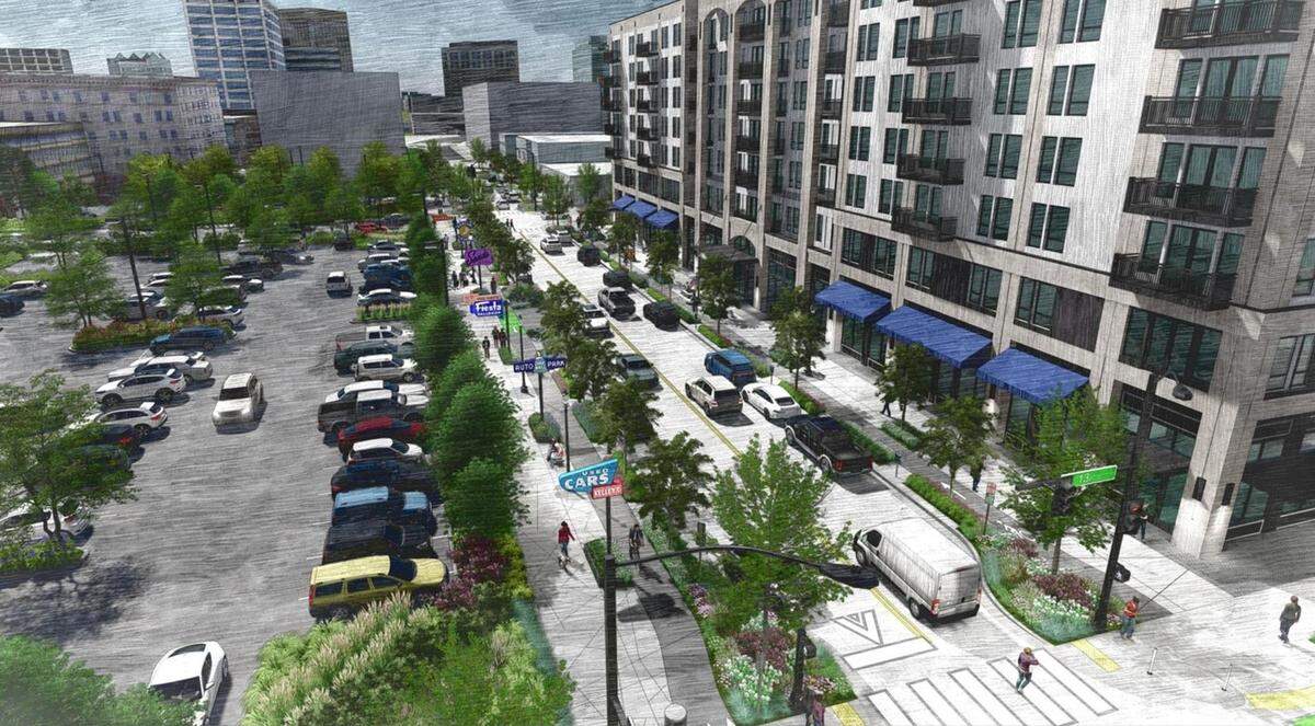 This rendering shows Grove Street between 12th and 13th streets, adjacent to the future seven-story Broadstone Saratoga building. A neon sign gallery is planned along the north side of Grove Street.