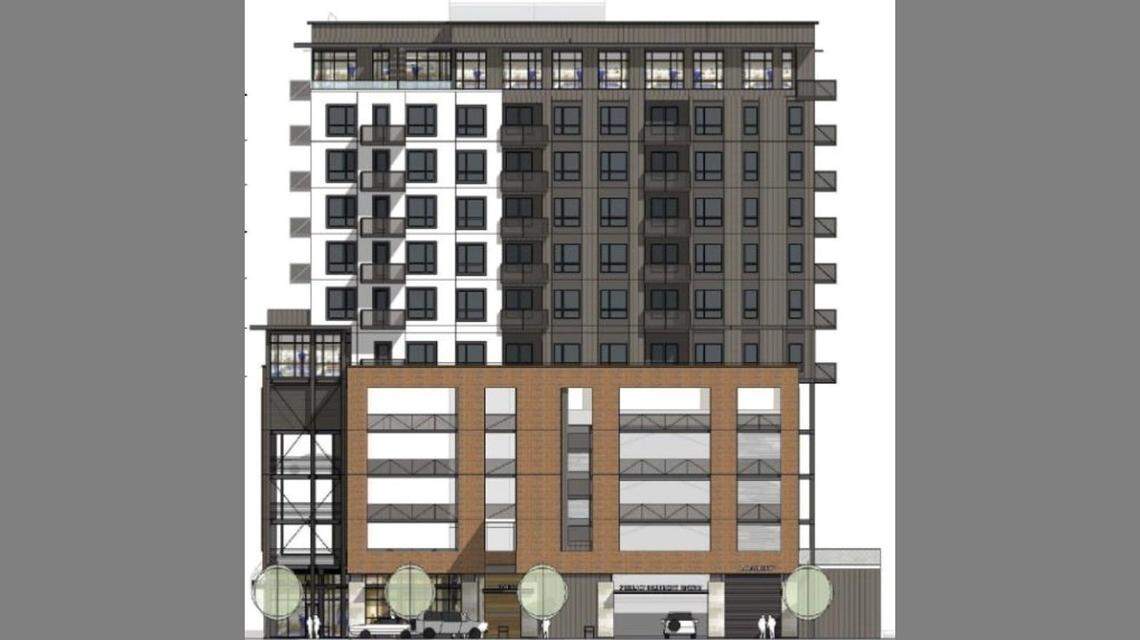 An architect’s rendering of the River Street side of the proposed 12-story building on South 8th between River and Fulton streets, proposed by Boise’s Wilcomb LLC and San Diego’s Global Senior Housing.