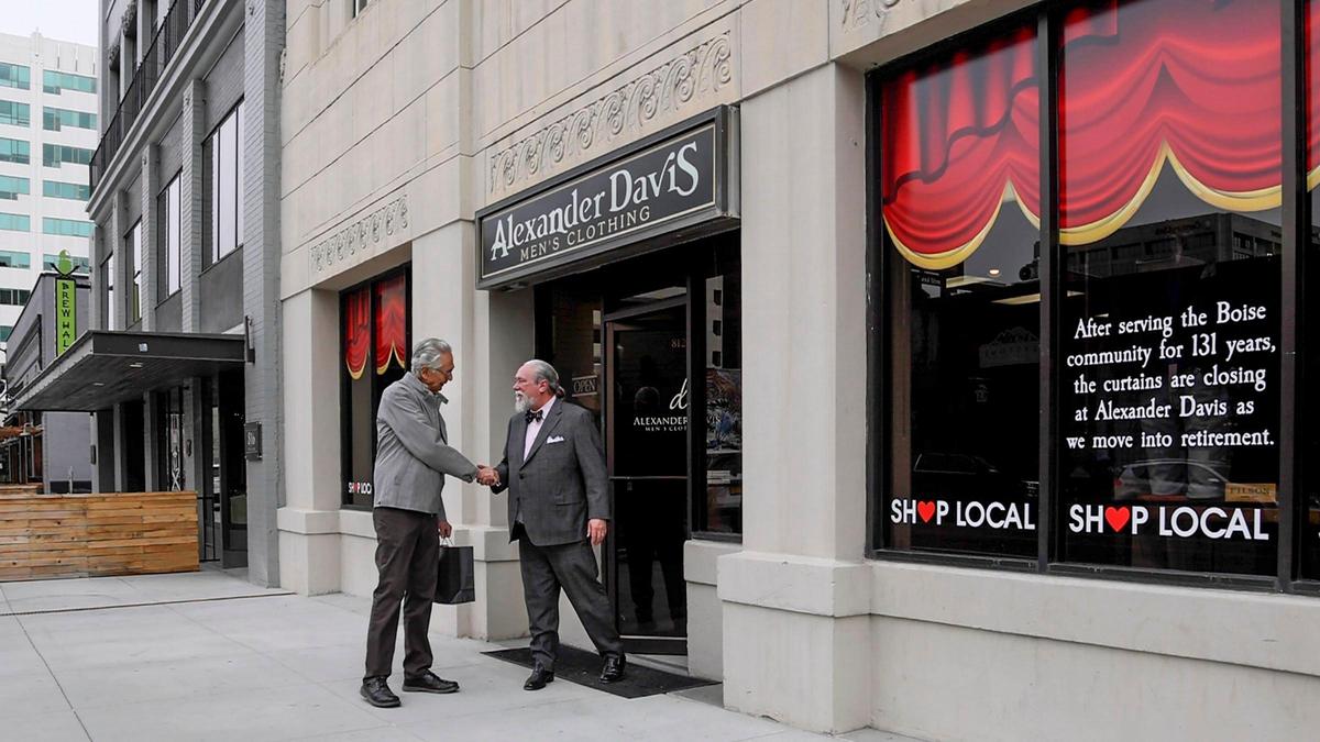 David Graves, owner of Alexander Davis Men’s Clothing in downtown Boise, thanks longtime customer Bob Yearsley of Eagle on a recent visit.