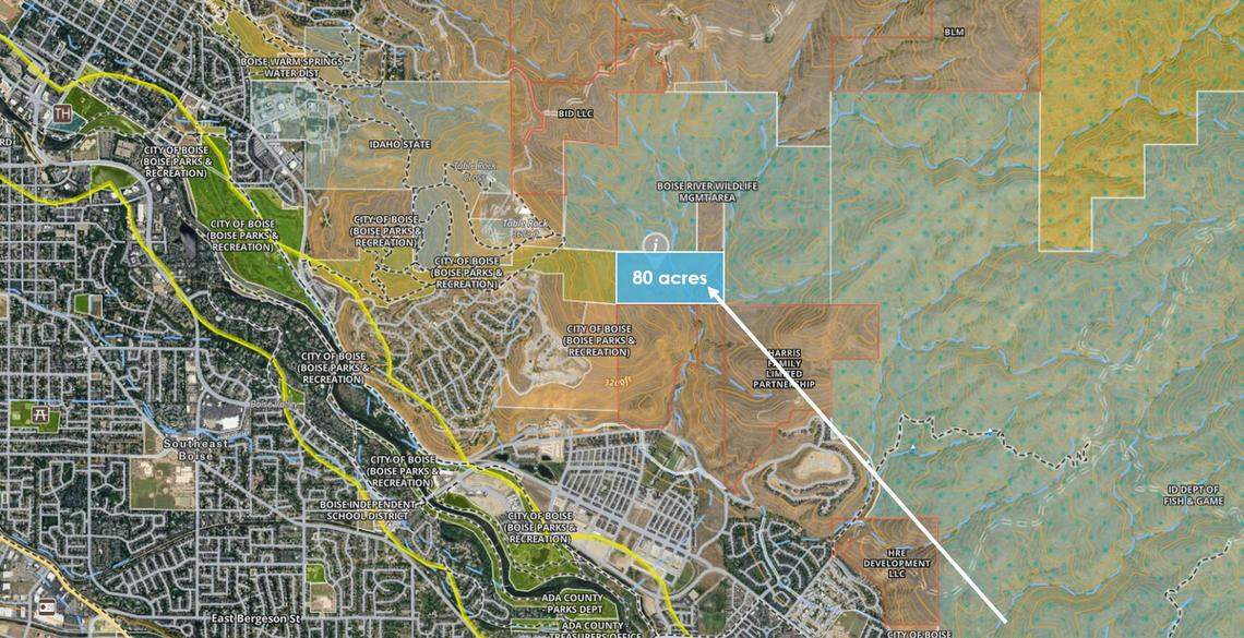 The area highlighted in blue shows the 80-acre parcel the city of Boise plans to purchase to expand the Ridge to Rivers trail system.