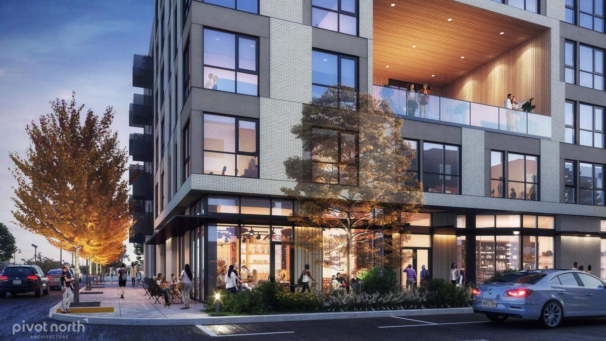 This view highlights the ground floor and the building’s entryway on Fairview. The building would include a 634-square-foot, street-facing retail space.
