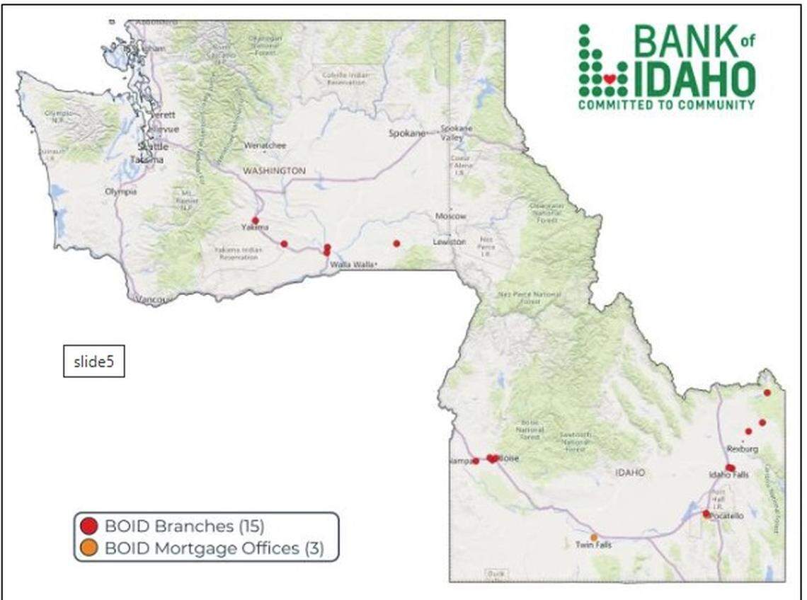 Bank of Idaho has 15 branches and three mortgage offices in Idaho and Washington state. All of them would become part of Glacier.