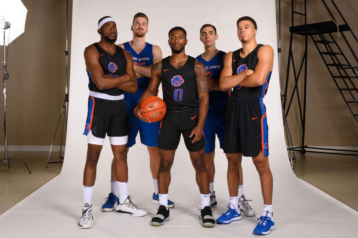 Boise State seniors RJ Williams, from left, Robin Jorch, Marcus Dickinson, Justinian Jessup and Alex Hobbs will play the final home game of their college basketball careers against New Mexico at 2 p.m. Sunday at ExtraMile Arena.