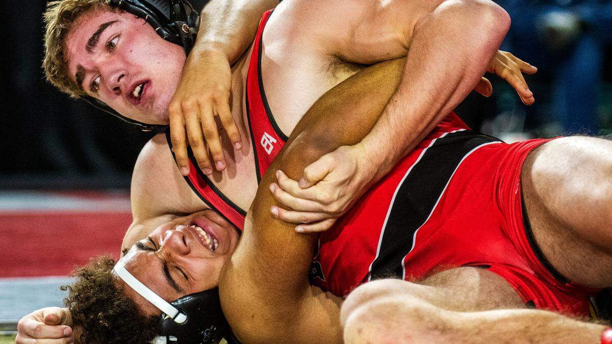 Boise senior Andrew Bergey pins Borah senior Rain Forrest at 5:21 on Friday, Feb. 22, 2019, during their 5A 182-pound quarterfinal bout in the state wrestling tournament at Holt Arena in Pocatello.