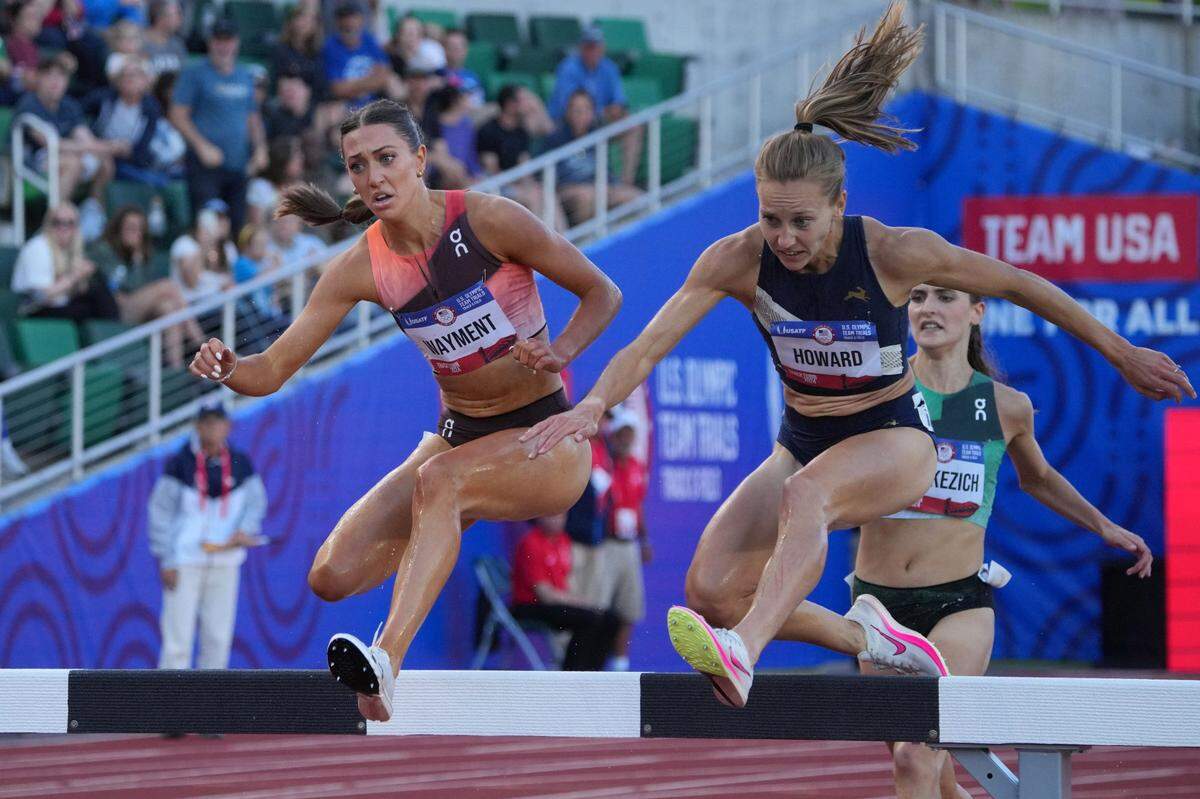 Jun 27, 2024; Eugene, OR, USA; Courtney Wayment (left) and Marisa Howard place second and third in the women's steeplechase in 9:06.50 and 9:07.14 during the US Olympic Team Trials at Hayward Field. Mandatory Credit: Kirby Lee-USA TODAY Sports