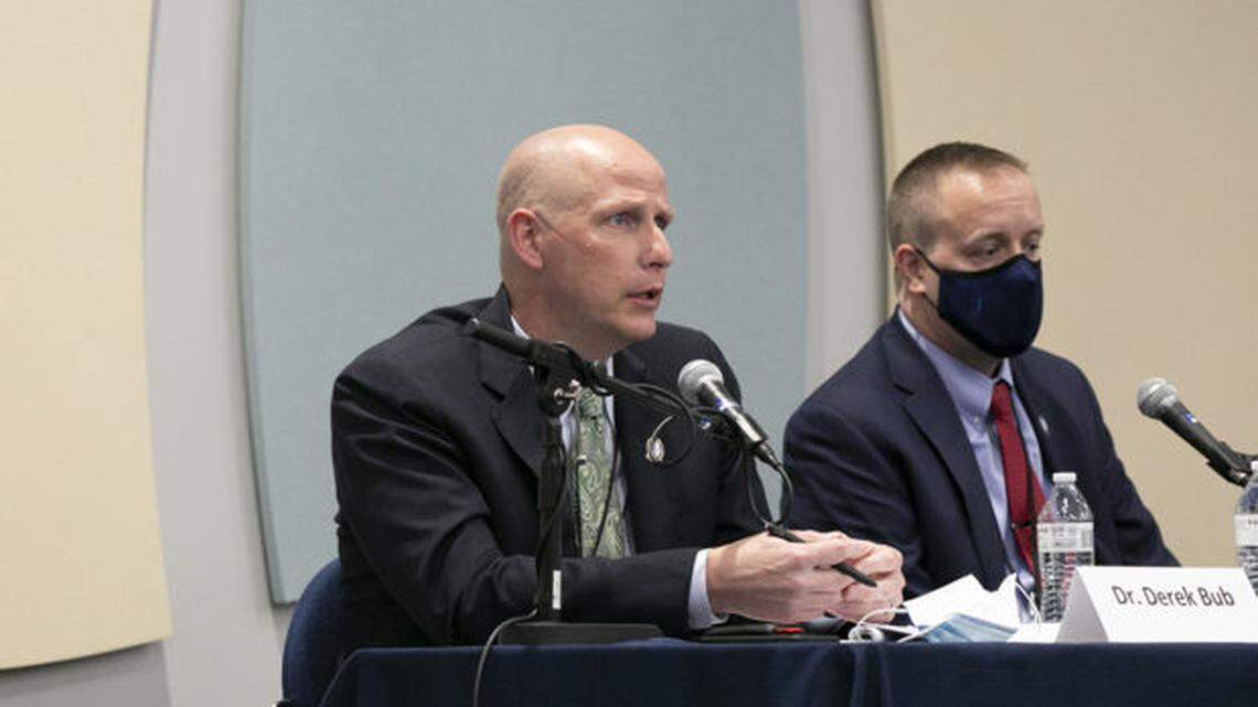 Centennial High Principal Derek Bub speaks during the West Ada superintendent candidates forum on April 19.