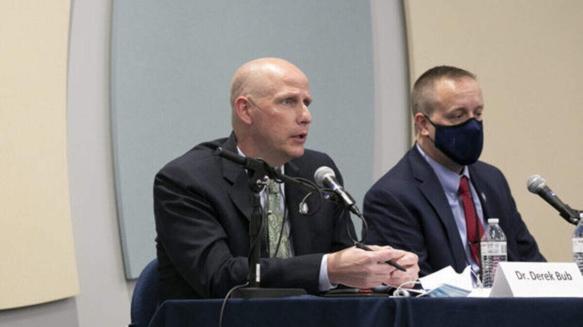 Centennial High Principal Derek Bub speaks during the West Ada superintendent candidates forum on April 19.