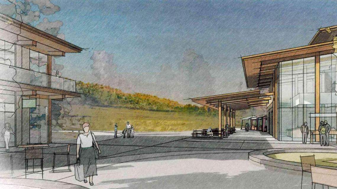 An artist’s conceptual rendering of a gathering space in the RedRidge Village center, part of a proposed 1,100-home development southwest of McCall.