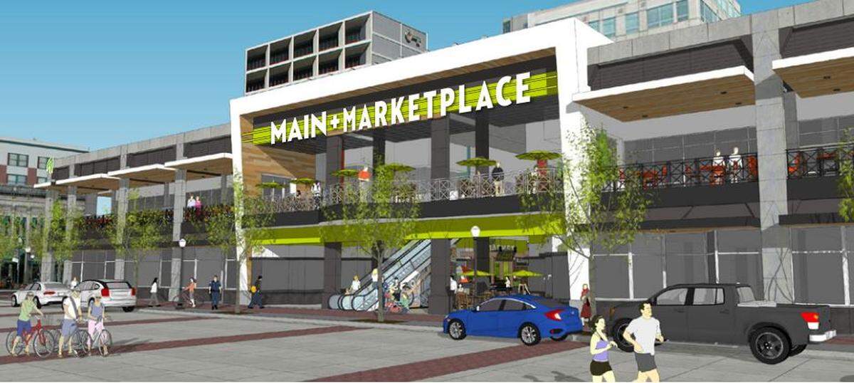 The renovated Capitol Terrace, to be renamed Main + Marketplace, will retain the escalator from Eighth Street to the second floor.