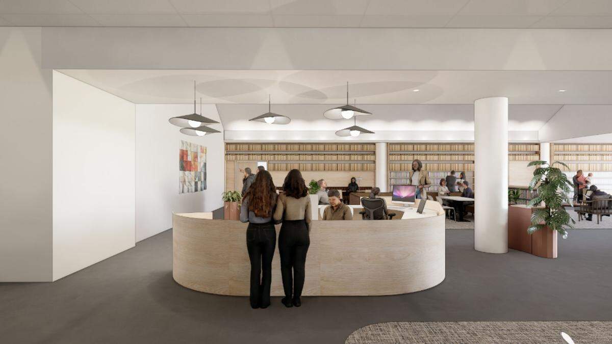 A centralized service desk would draw visitors at the upgraded Cherry Lane branch, as shown in this architect’s rendering.