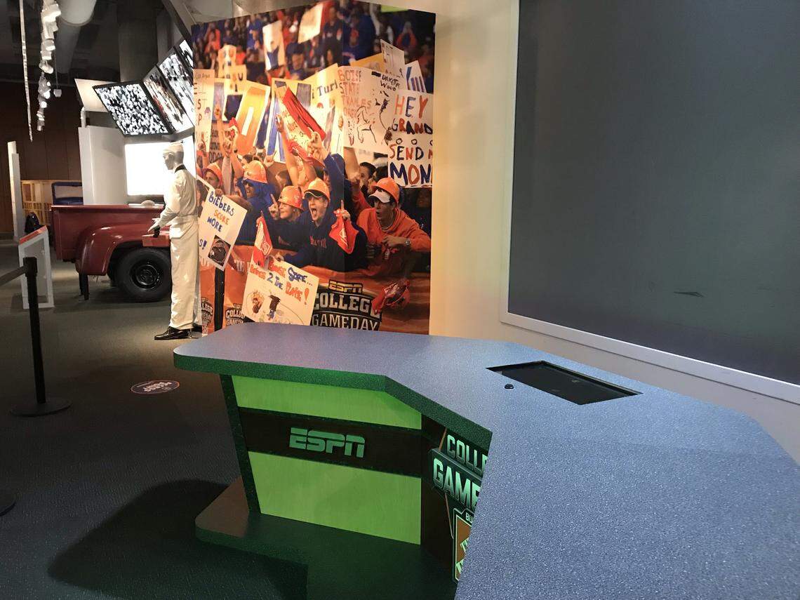 Boise State fans are featured as part of the “College GameDay” exhibit at the College Football Hall of Fame in Atlanta.