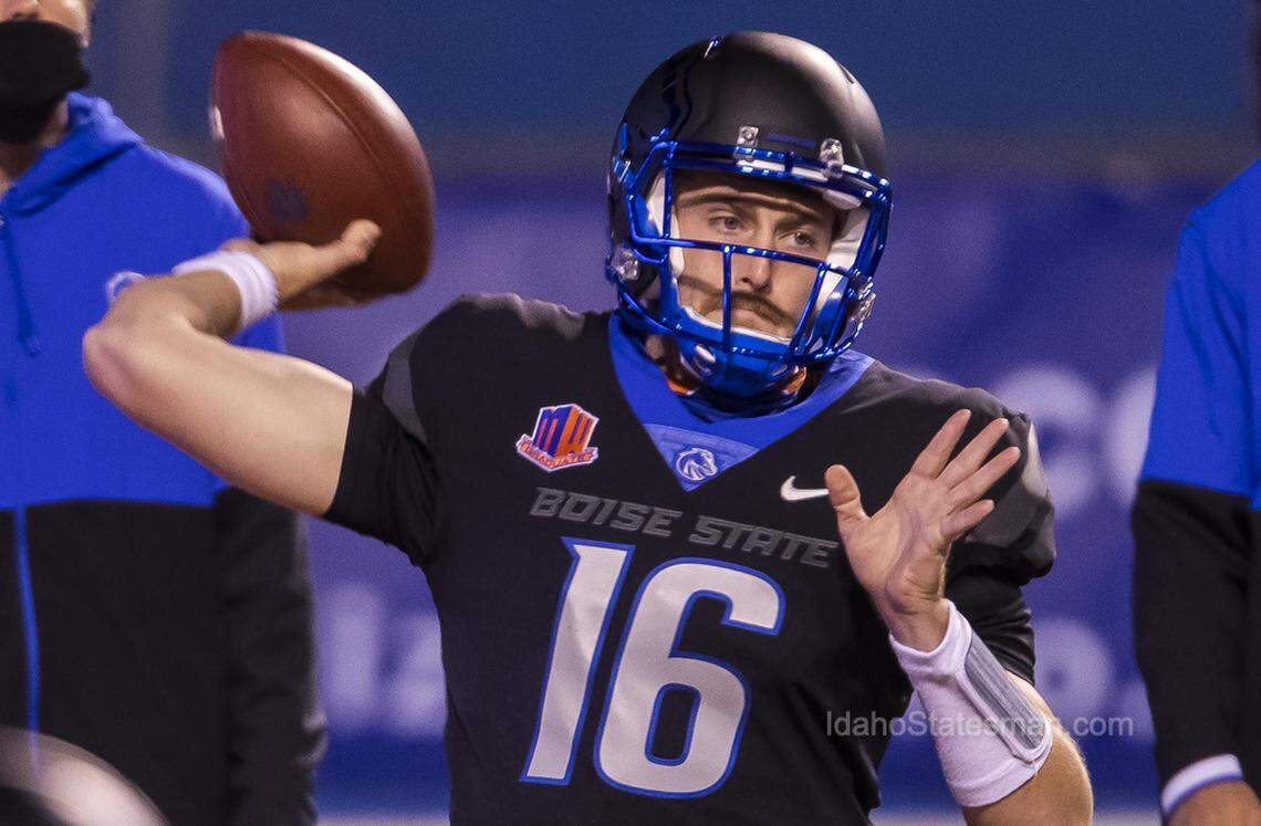 Boise State quarterback Jack Sears warms up before starting against No. 9 BYU on Friday, Nov. 6, 2020, at Albertsons Stadium in Boise. It will be Sears’ second start for the Broncos.