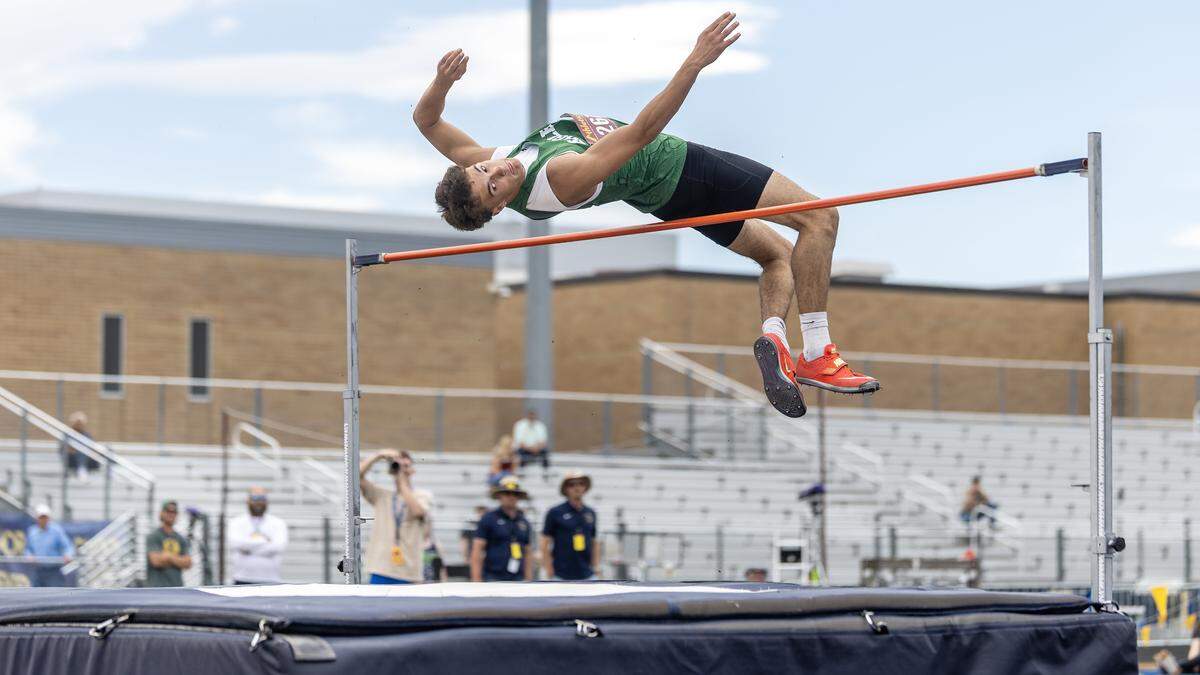 Eagle's Ambrose Brainard clears 6'8” in high jump at the 6A District Three track meet, Friday, May 8, 2026, held at Meridian High School.