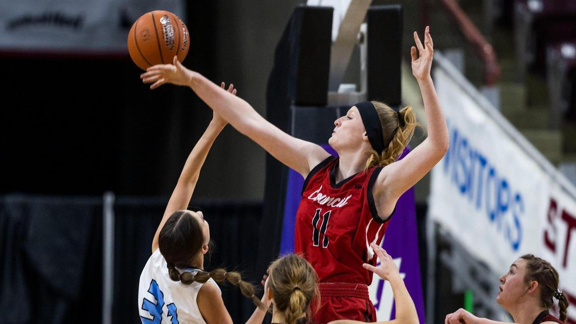 McKayla Hart blocks a shot during the 1A Division II state championship game last year for Council. She transferred to Tri-Valley this season.