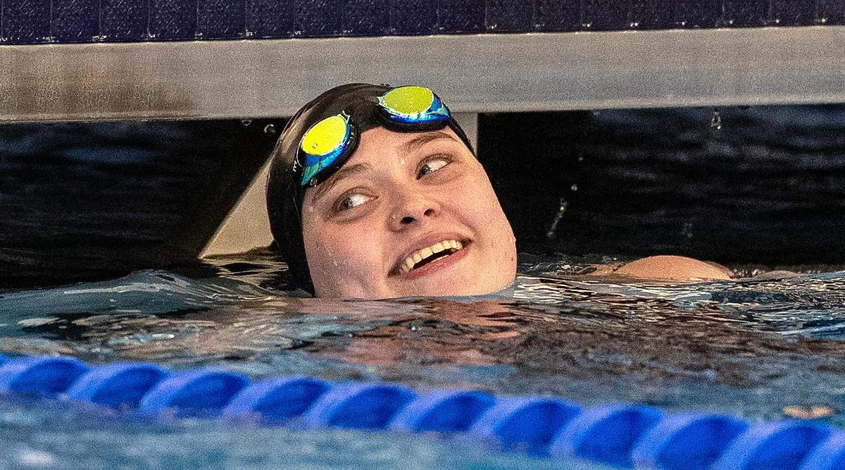 Katie Kubiak smiles after her first-place finish in the women’s 50-meter butterfly during the 2025 U.S. Paralympics Swimming National Championships on Friday in Boise.