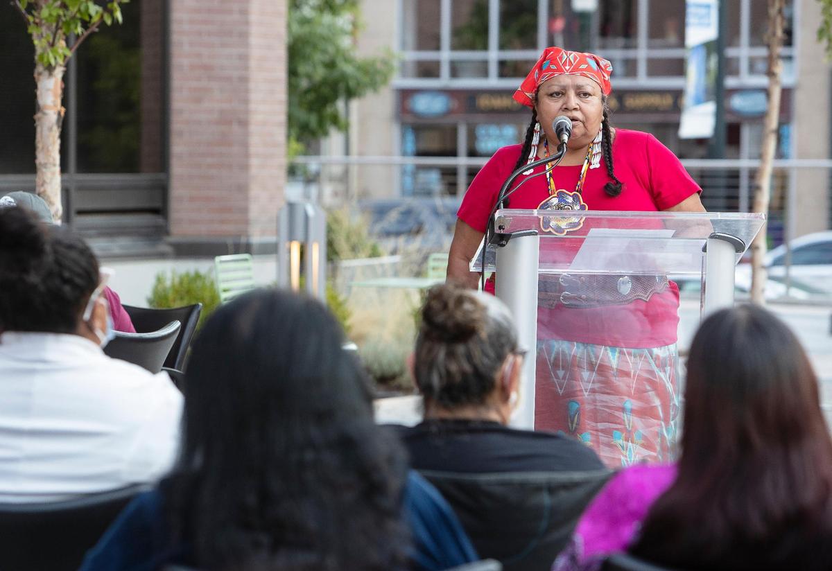 Lori Edmo of the Shoshone-Bannock Tribes speak at the opening ceremony for the 10th Annual Return of the Boise Valley People on Thursday, Aug. 26, 2021. This gathering of Native American tribal members from Idaho, Oregon and Nevada will have events this weekend at Eagle Rock Park and Gowen Field.