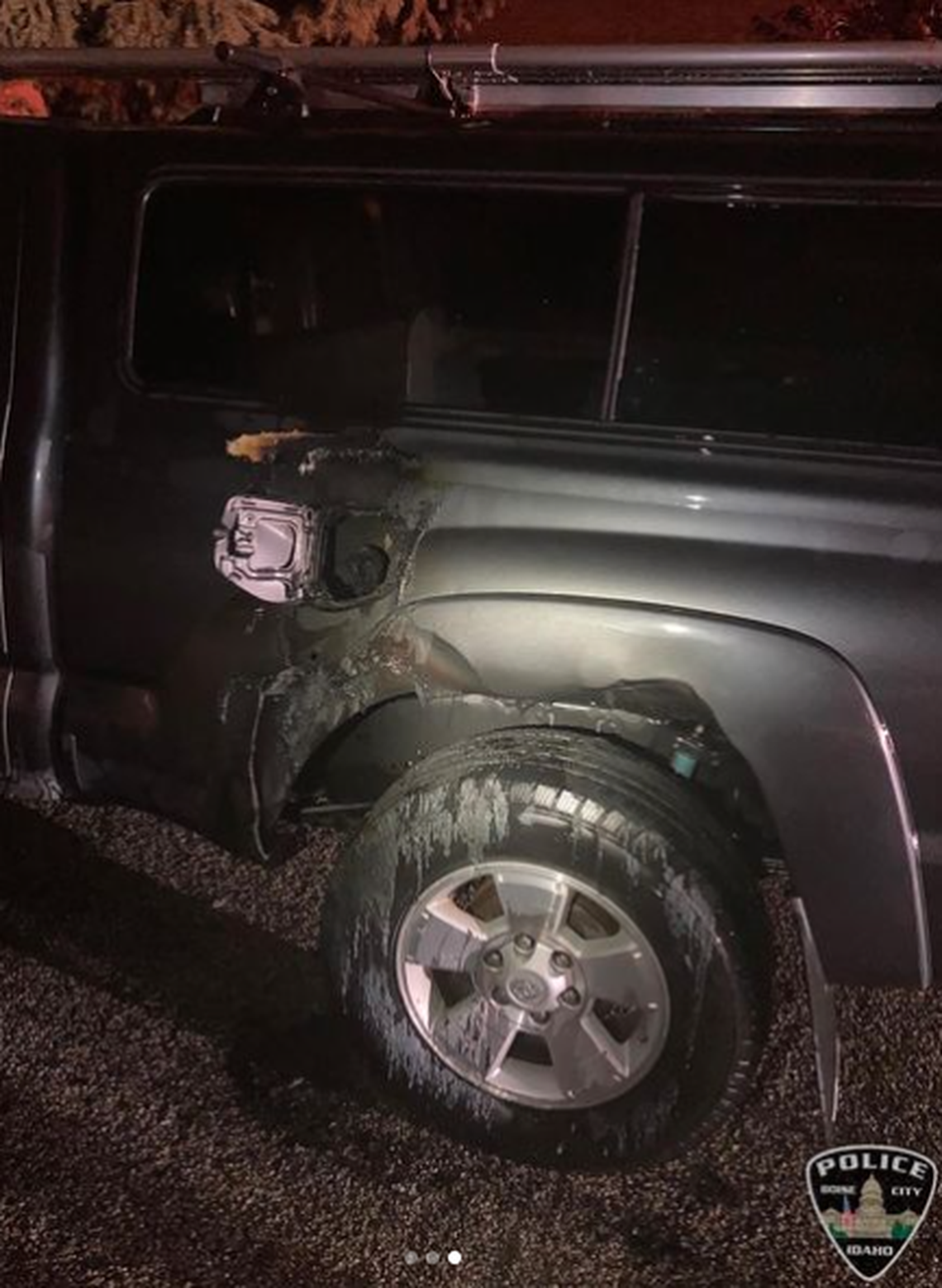 The vehicle fire, started after material was stuffed into the gas funnel, caused about $4,000 in damages, police said.