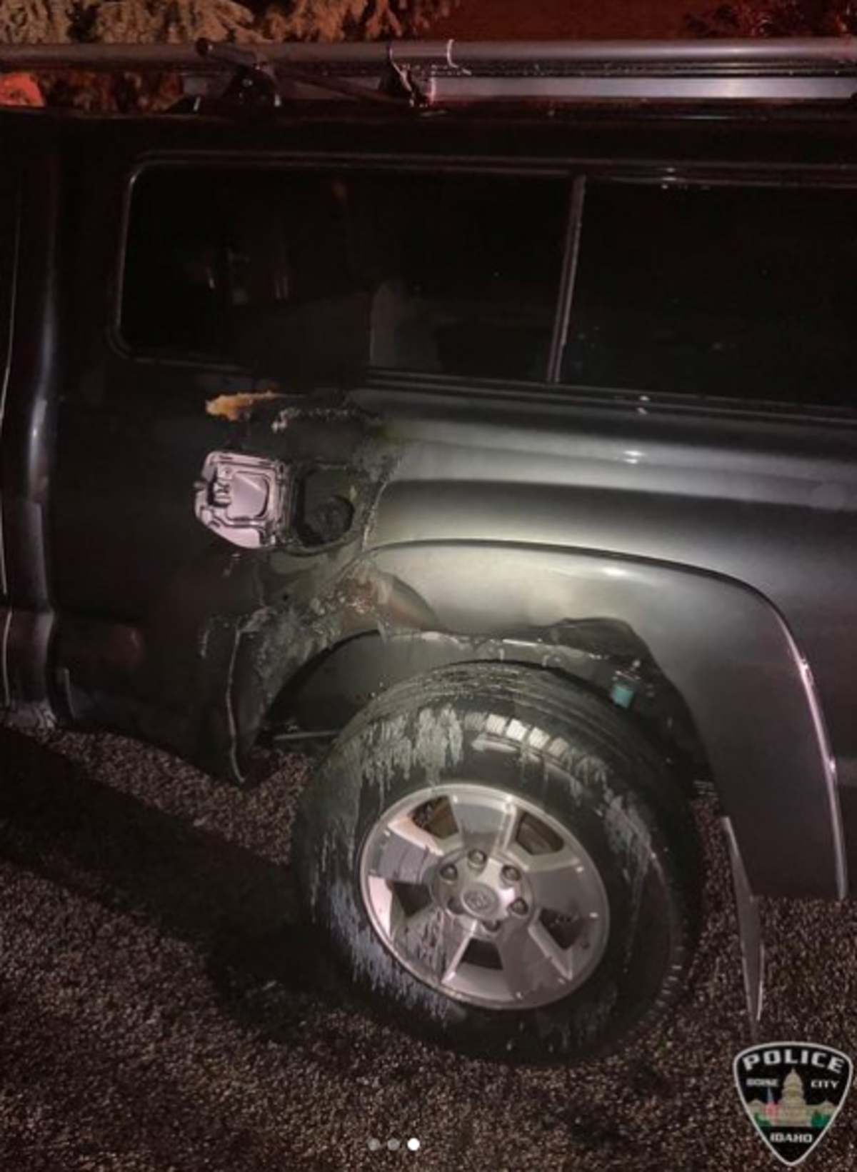 The vehicle fire, started after material was stuffed into the gas funnel, caused about $4,000 in damages, police said.