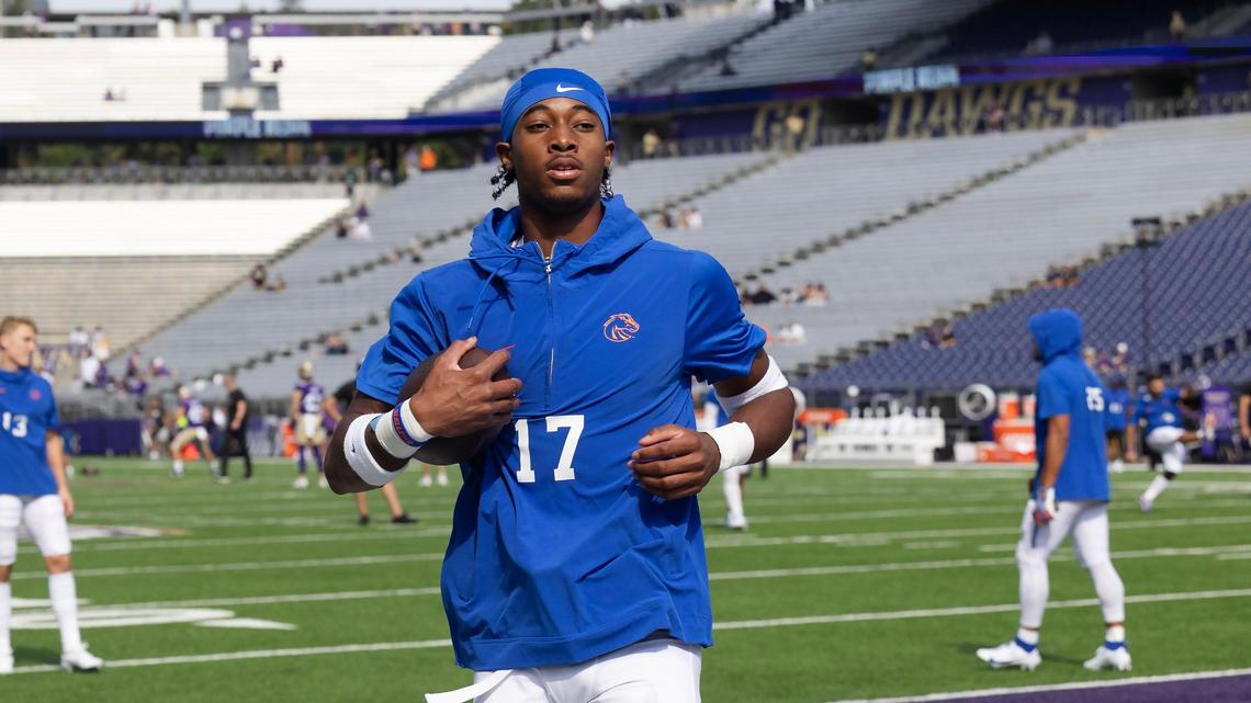 Boise State University wide receiver Prince Strachan warms up before their game against Washington at Husky Stadium in Seattle, Saturday, Sept. 2, 2023.