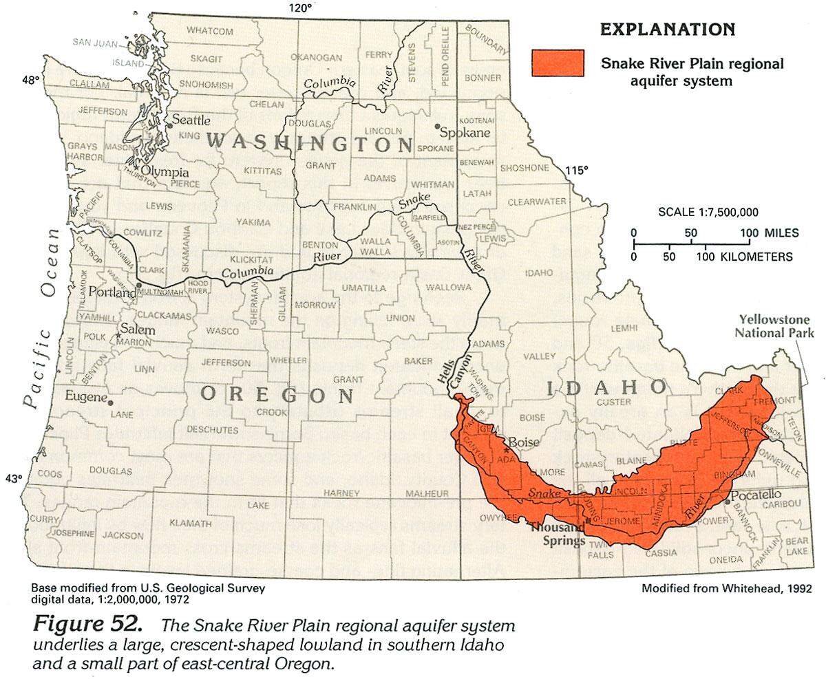 The Snake River Plain aquifer underlies the Snake River Plain, which extends from near the western boundary of Yellowstone National Park in eastern Idaho to the Idaho-Oregon border where the Snake River enters Hells Canyon.