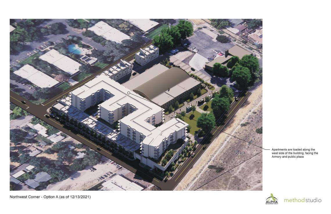 This drawing shows Alpha Development Group’s former plans for the site of the old Idaho National Guard Armory.