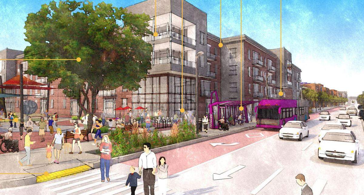 A conceptual rendering of what planners envision Whitewater Park Boulevard and State Street could look like with high-density development when a bus rapid transit system is built out. Here, a view facing the southwest corner of the intersection, where the Idaho Transportation Department’s headquarters are located.