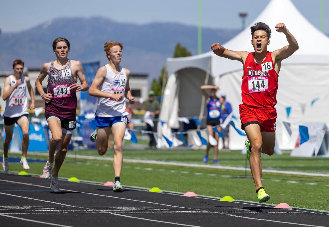 Boise’s Noe Kemper celebrates winning the 5A boys 800 meters.