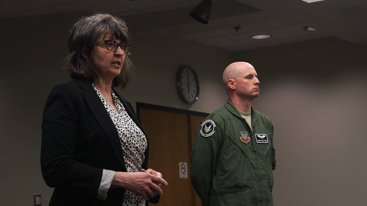 Environmental Lead for the Mountain Home Air Force Base Sheri Robertson and Major Adam Mattheis meet with concerned residents at the Boise Public Library over proposed training.