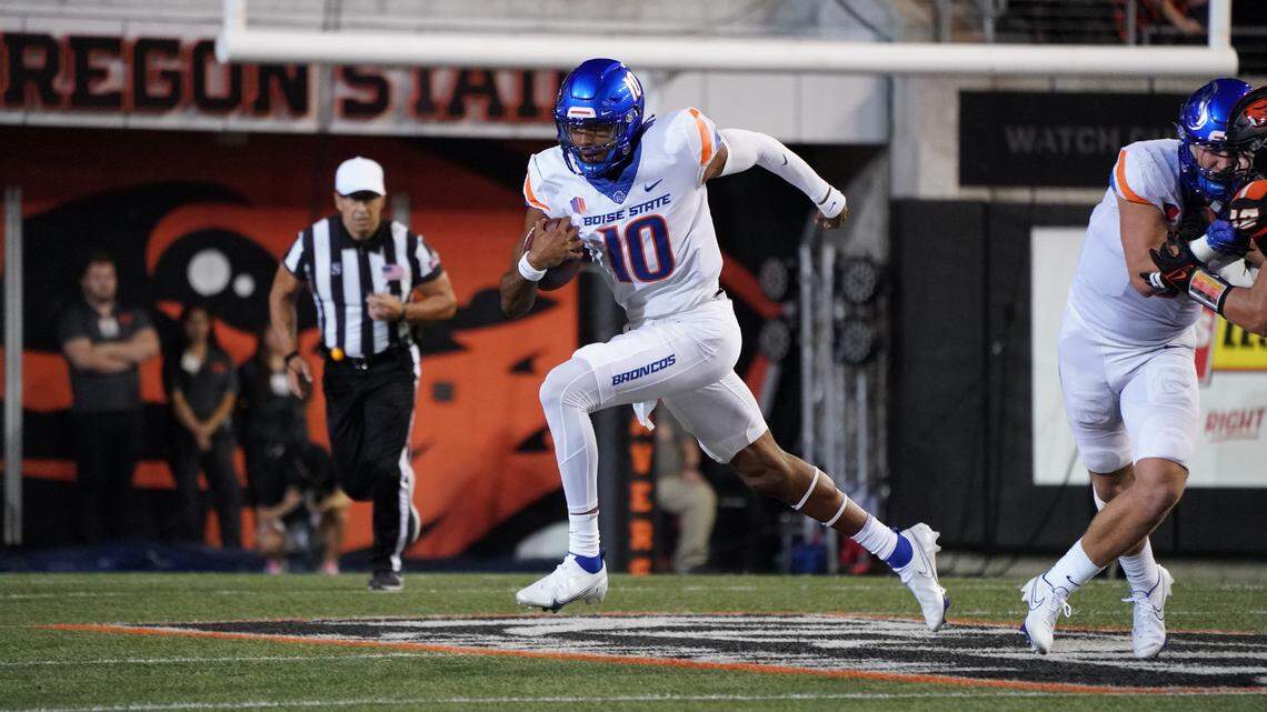 Boise State quarterback Taylen Green breaks free on a run in the first half of the Broncos’ 34-17 loss at Oregon State. Green replaced former starting quarterback Hank Bachmeier in the second quarter of that game.