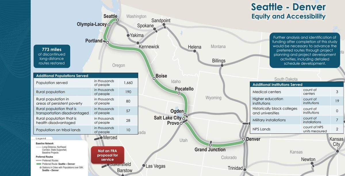 A possible long-distance Amtrak line from Seattle to Denver, with stops in Boise and Pocatello, is among more than a dozen under review in a Federal Railroad Administration study due to Congress later this year.