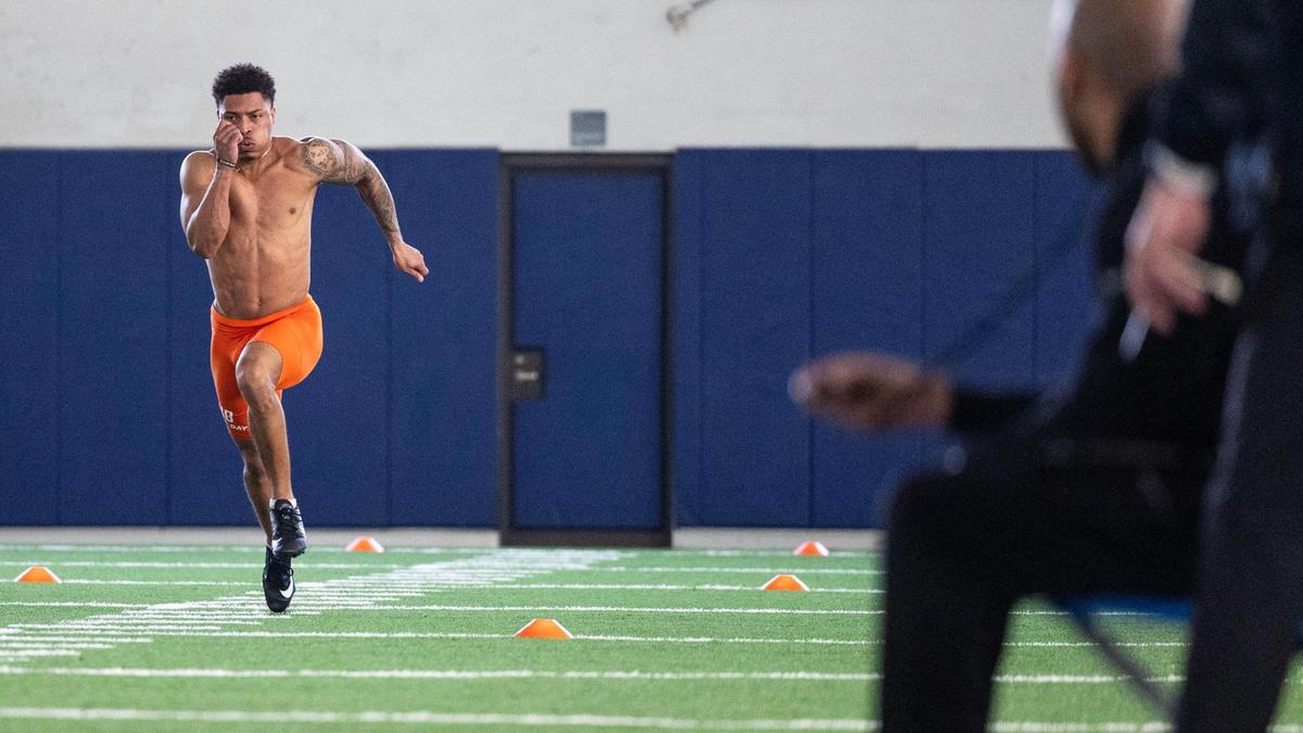 Boise State former wide receiver Billy Bowens sprints 40 yards for professional football scouts, Tuesday, March 26, 2024, at Pro Day.