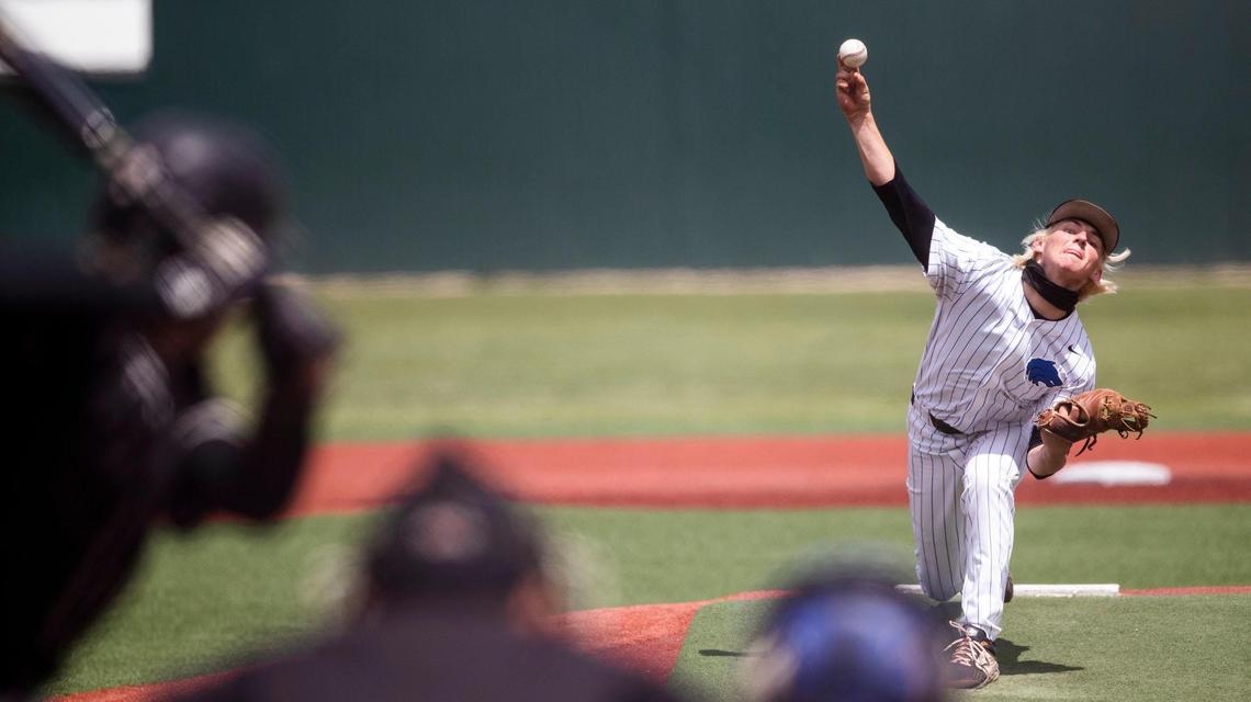 Timberline junior Garrett Miller pitches against Kuna in the first round of the 5A baseball state tournament Thursday at Wolfe Field in Caldwell.