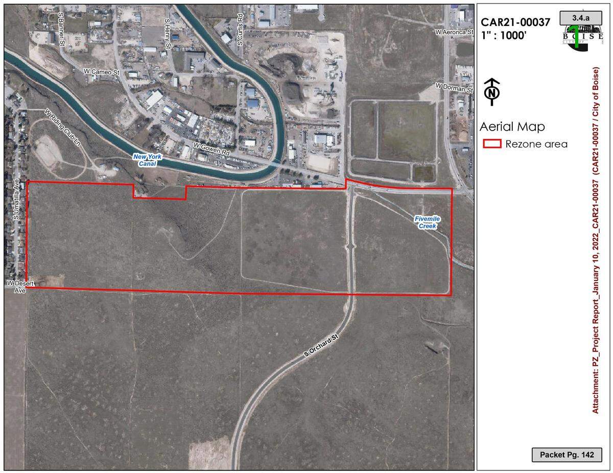 A map shows the 153 acres in southwest Boise near the Boise Airport that’s proposed to be rezoned from open land to industrial. The red outline displays the perimeter of this land.
