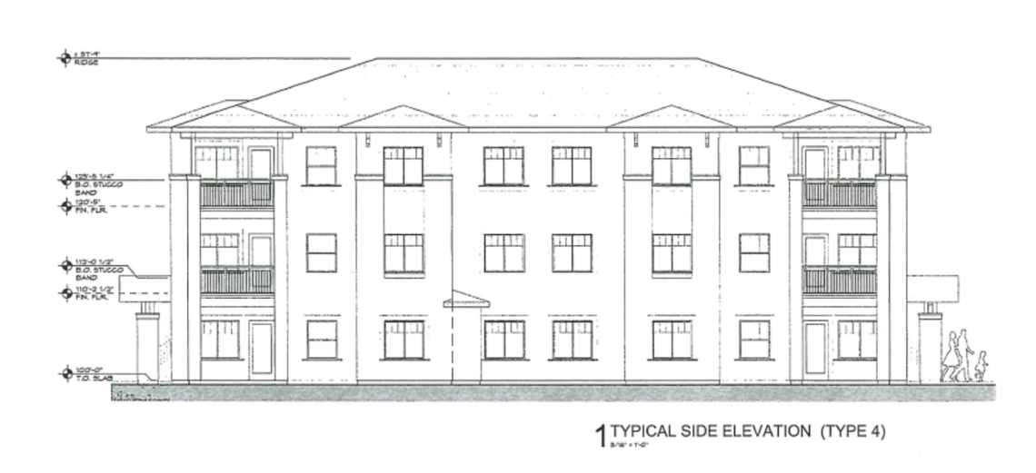 An architect’s drawing of a side elevation of one of the proposed Twelve Oaks apartment buildings.