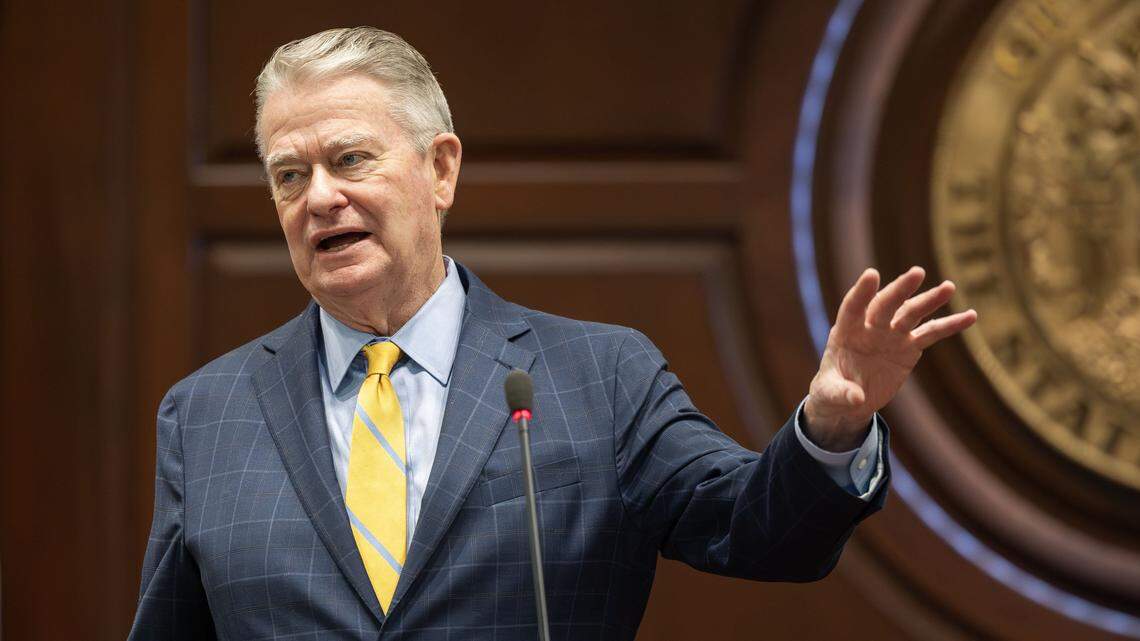 Idaho Gov. Brad Little addresses members of the Idaho Press Club, Capitol Correspondents Association and attendees of the 2026 Legislative Preview in the Lincoln Auditorium at the Idaho Statehouse, Thursday, Jan. 8, 2026.