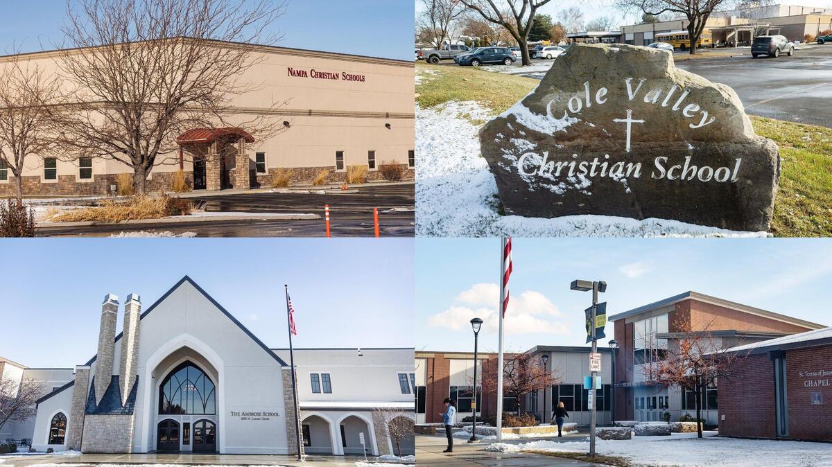 The Boise area is home to many private, religious schools including Nampa Christian Schools, top left, Cole Valley Christian Schools, top right, The Ambrose School, bottom left, and Bishop Kelly High School, bottom right. Supporters of school vouchers want to see public tax dollars go to religious schools such as these.