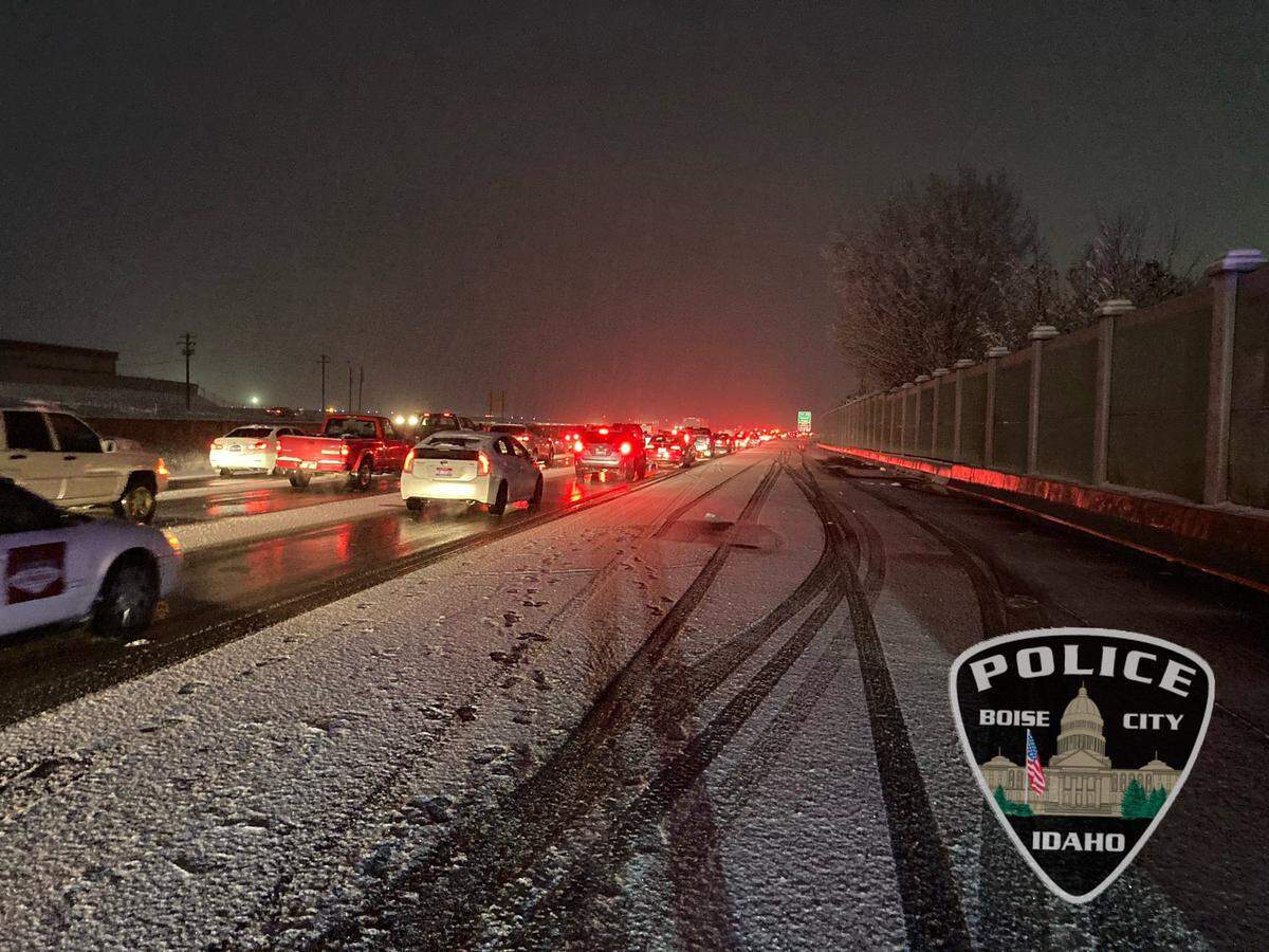 Heavy traffic on Interstate 84 in Boise on Friday night as conditions worsened amid the heaviest snowfall of the winter to date.