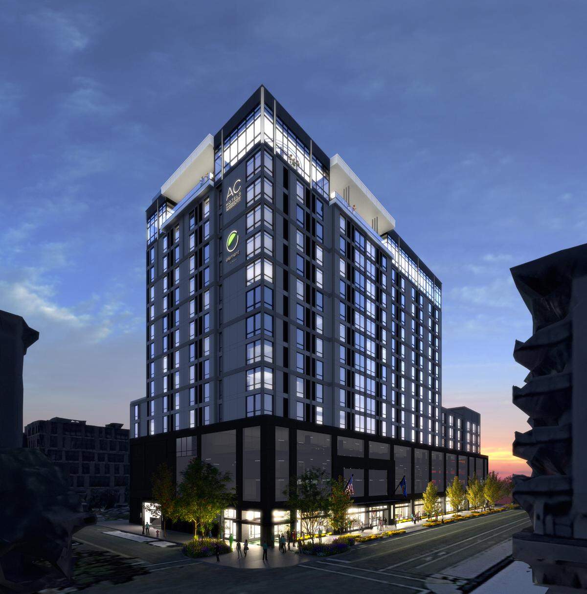 An architect’s southwest-facing rendering of the 15-story hotel going up at 1011 W. Grove St.