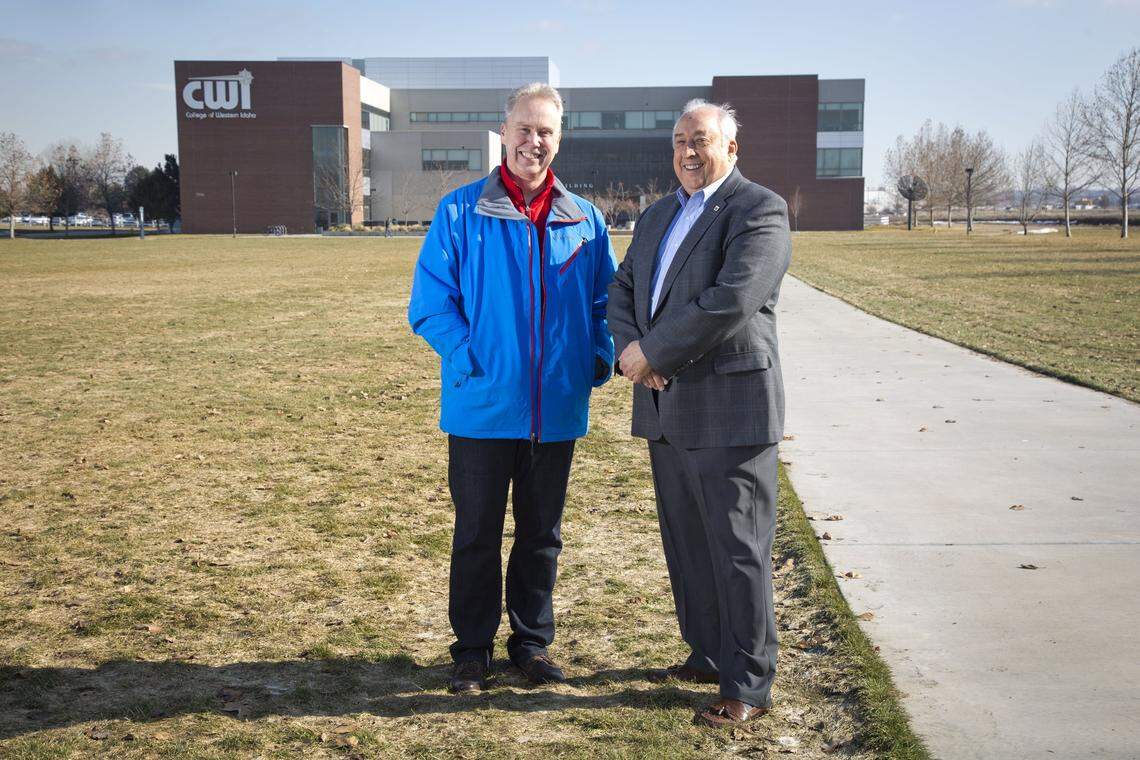 College of Western Idaho Board Chairman Mark Dunham and President Bert Glandon pose outside the CWI campus in Nampa in 2017.  After a $180 million bond measure to expand the college failed in 2016, the school’s leaders regrouped and settled on a more modest proposal: a $49 million health science building in Nampa.