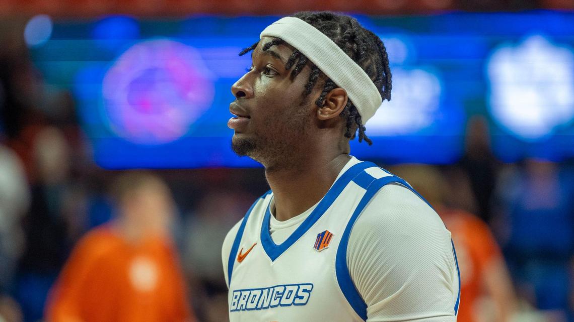 Boise State forward Emmanuel Ugbo warms up before the start of the Broncos’ non-conference game against Clemson at ExtraMile Arena in Boise, Sunday, Nov. 17, 2024.