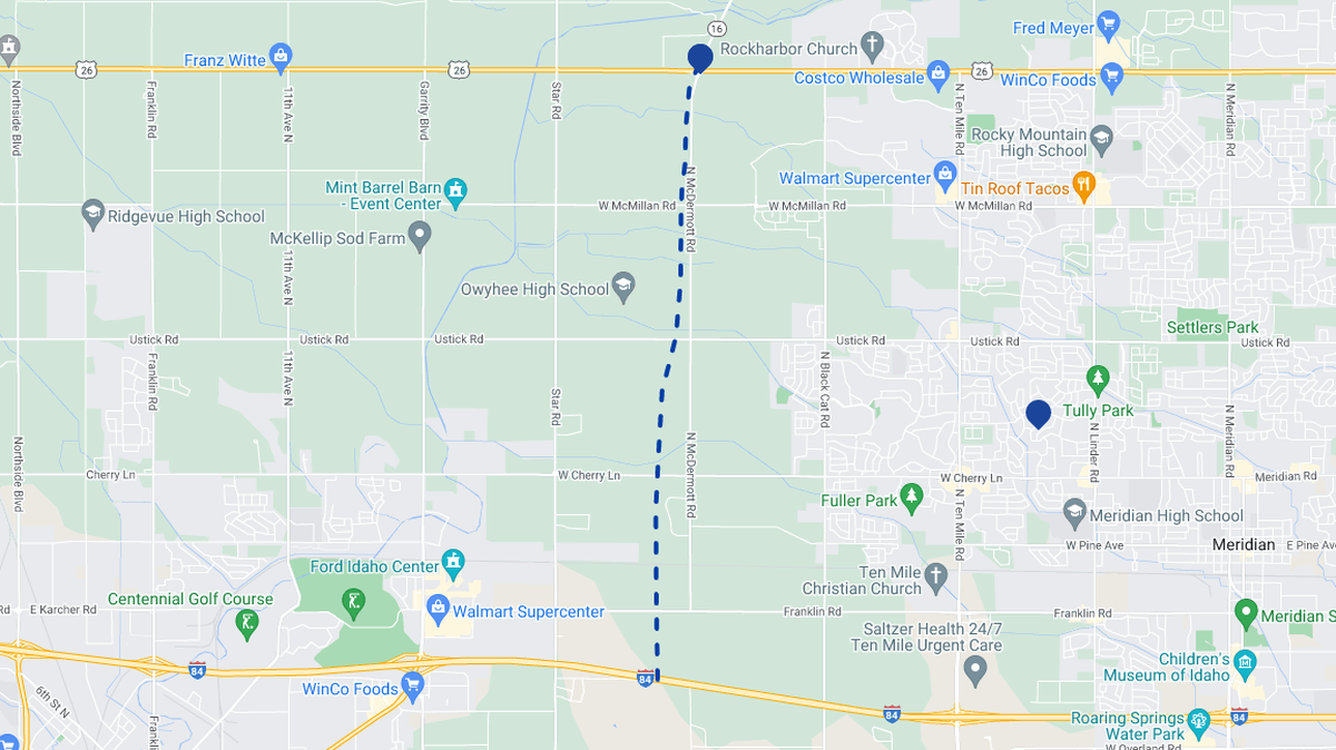A map showing the five miles of Idaho 16, that is being constructed as part of Phase 2, along a dashed line.