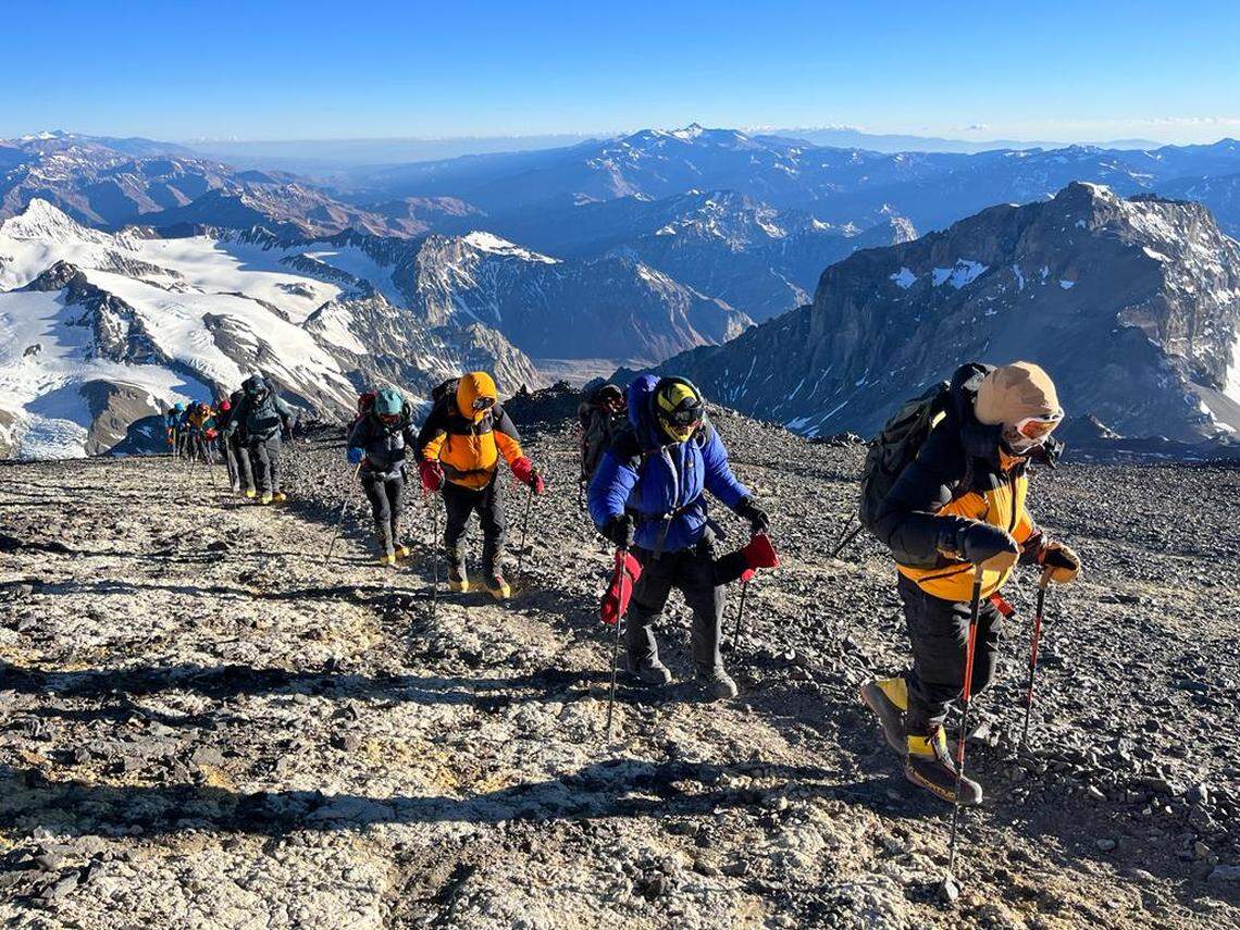 Climbers trek toward the peak of Aconcagua, the tallest mountain in South America, on Jan. 3, 2024. Eva Steinwald, of Meridian, was part of the group that reached the summit. Steinwald plans to climb the tallest peak on each continent before she turns 70.