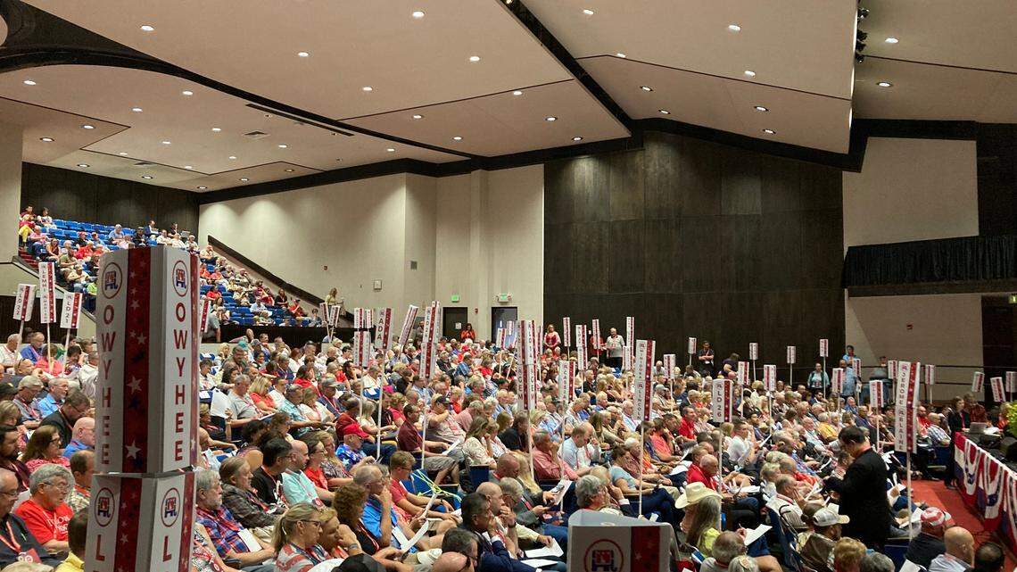 Republican delegates gather in an auditorium at the College of Southern Idaho in Twin Falls for the GOP State Convention on Friday, July 15, 2022. Delegates supported a rule change that would block voters who supported non-Republicans from joining the party.
