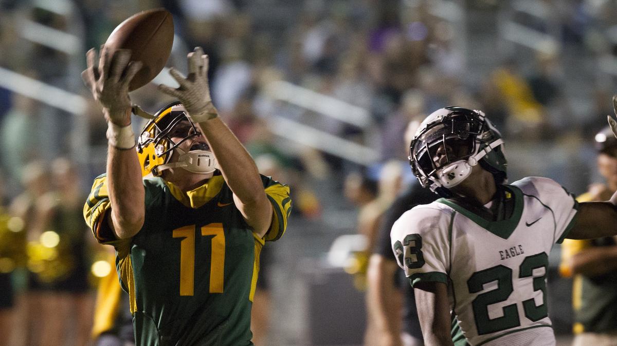 Borah’s Austin Bolt brings down a 42-yard pass to set up the Lions’ final touchdown Thursday in a 42-25 win over Eagle at Dona Larsen Park.